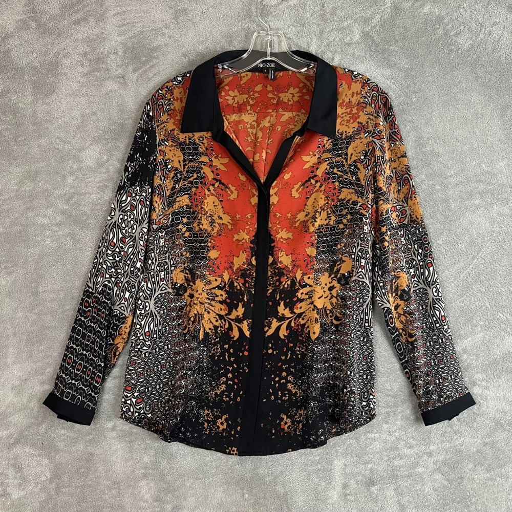 Nic + Zoe Blouse Womens S Silk Blend Abstract Artsy Long Sleeve Lightweight